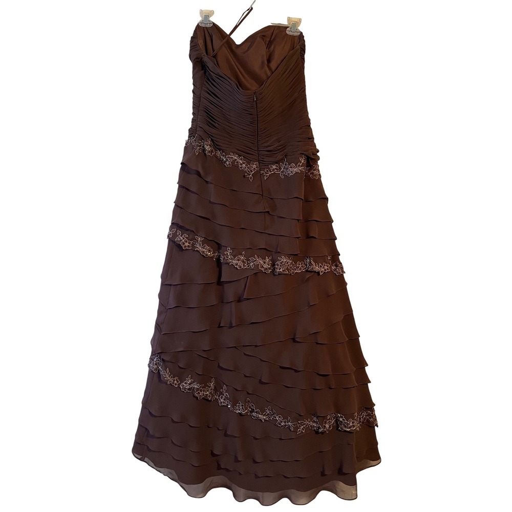 Y2K Whimsigoth Bling Strapless Brown Satin Asymmetrical Formal Gown Prom Dress - Picture 3 of 9